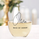 Simple Modern Personalised Maid of Honour Stemless Wine Glass<br><div class="desc">Looking for a chic, trendy, yet simple gift for your Maid of Honour and Bridesmaids? These modern script stemless wine glasses are a practical gift that they can use even after your wedding day! All text, including title and script names, can be changed. You can change the title to fit...</div>