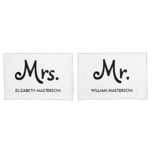 Simple Modern Personalized Mr Mrs Black White Pillowcase
