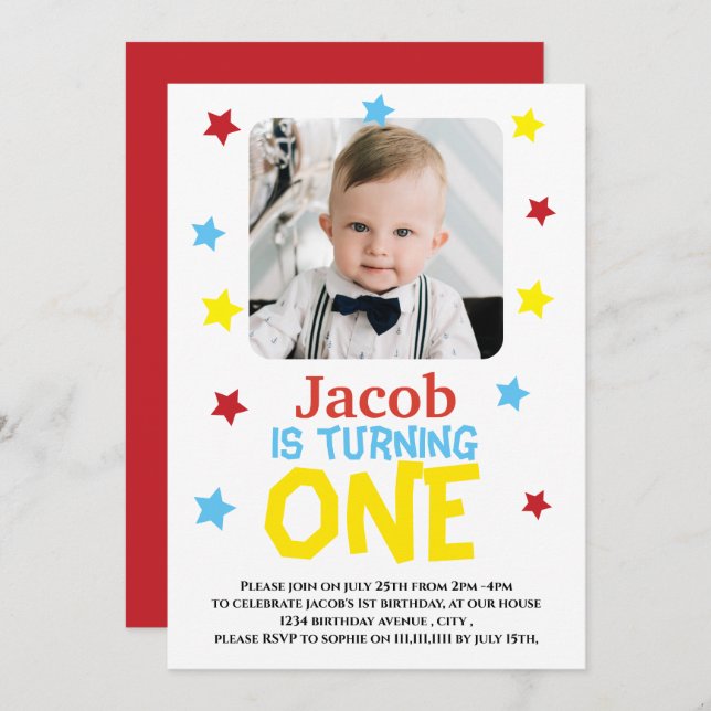 Simple modern photo 1st birthday Invitation (Front/Back)