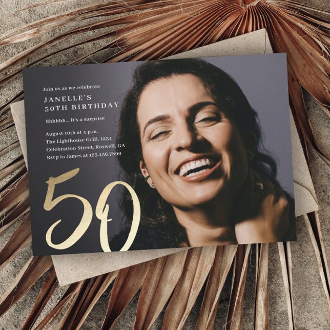 Simple Modern Photo 50th Birthday Invitation (Simple gold script photo 50th birthday party invitation.)