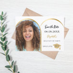 Simple modern photo arch gold Graduation Party Save The Date<br><div class="desc">A photo Save the date card for a graduation party. On front: Add your own vertical size photo of the graduate. Faux gold photo arch frame. A chic white background, black text. Templates for a name and date. The name and the text: Save the Date are written with a modern...</div>