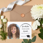 Simple modern photo arch Graduation Party Save The Date<br><div class="desc">A photo Save the date card for a graduation party. On front: Add your own vertical size photo of the graduate. Photo arch frame. A chic white background, black text. Templates for a name and date. The name and the text: Save the Date are written with a modern hand lettered...</div>