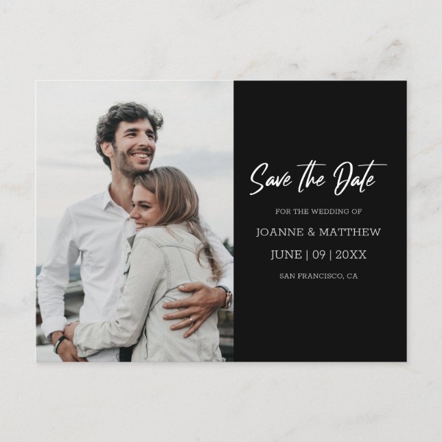 Simple Modern Photo Black Wedding Save The Date Postcard (Front)