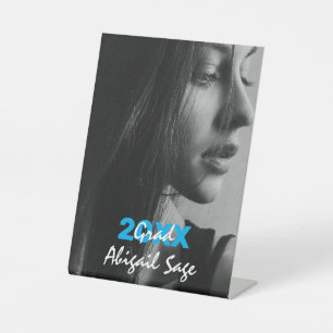 Simple Modern Photo Blue and White Graduation Pedestal Sign
