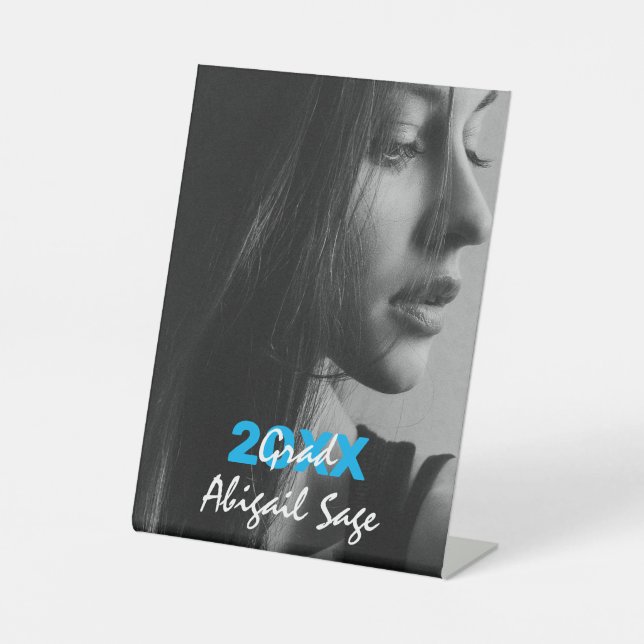 Simple Modern Photo Blue and White Graduation Pedestal Sign (Front)