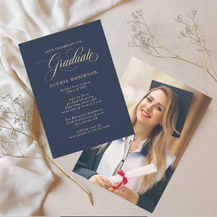Simple Modern Photo Blue Gold Graduation Party Invitation