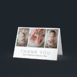 Simple Modern Photo Collage Blue Boy Baby Shower Thank You Card<br><div class="desc">Modern Baby Shower Thank You Card featuring a simple, minimalist design with a photo collage on the front along with baby's name and "Thank You" in blue. The inside has one horizontal photo (for a total of four pictures) along with your personalised message. This elegant Thank You Card is a...</div>