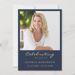 Simple Modern Photo Gold Script Blue Memorial Card