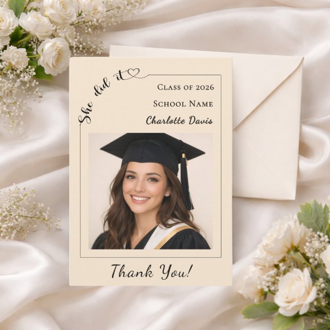 Simple modern photo Graduate She did it champagne Thank You Card (Creator Uploaded)