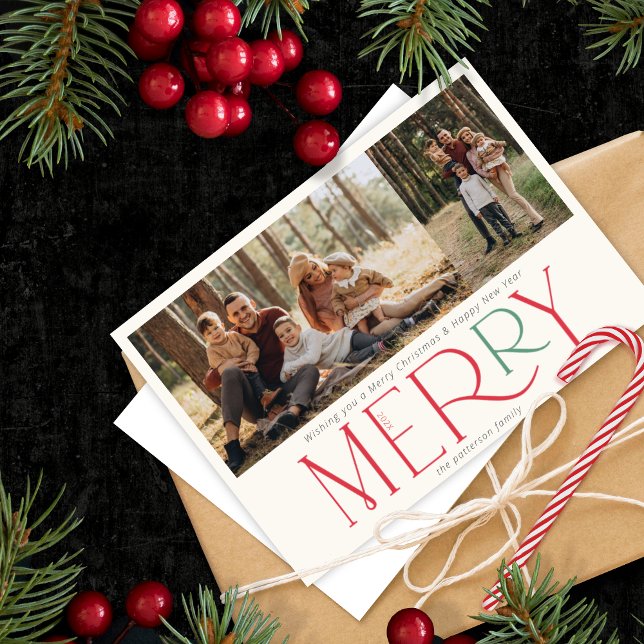 Simple Modern Photo Merry Red Green Holiday Card (Creator Uploaded)