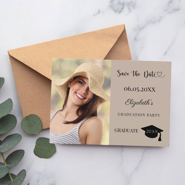 Simple modern photo mocha beige Graduation Save The Date (Creator Uploaded)