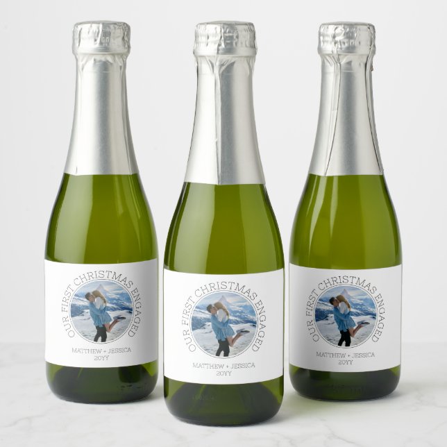 SImple Modern Photo Our First Christmas Engaged Sparkling Wine Label (Bottles)
