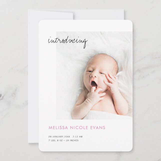 Simple Modern Photo Pink Baby Girl Birth Announcement (Front)