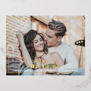 Simple modern photo save the date with gold foil invitation postcard