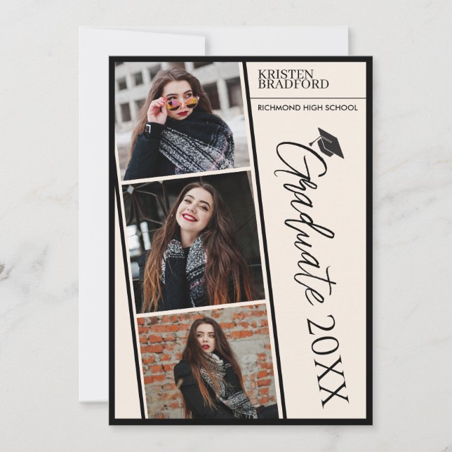 Simple Modern Photo Strips Beige Graduation Announcement (Front)