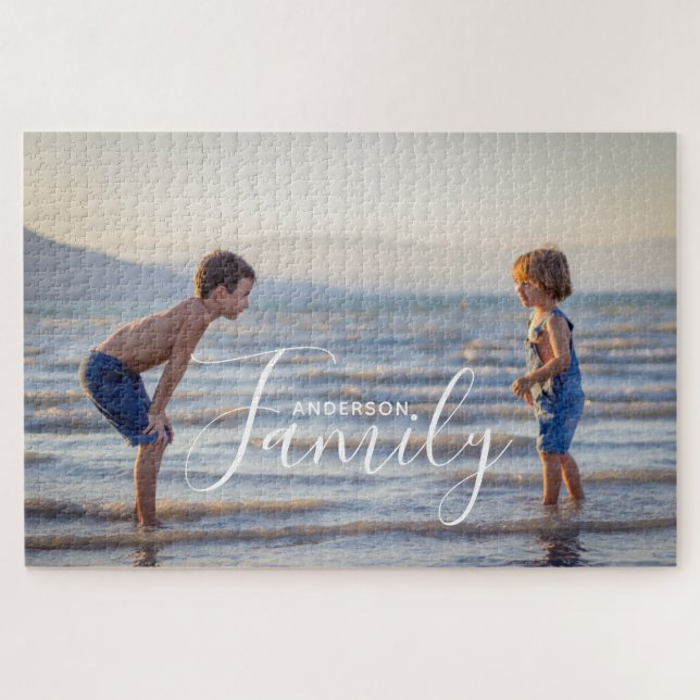 Simple Modern Photo Template Custom Family Name Jigsaw Puzzle (Horizontal)