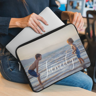 Simple Modern Photo Template Custom Family Name Laptop Sleeve