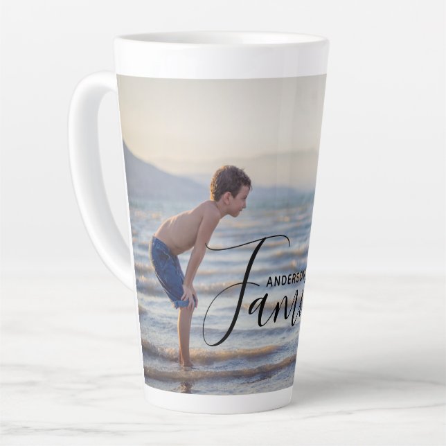 Simple Modern Photo Template Custom Family Name Latte Mug (Left Angle)