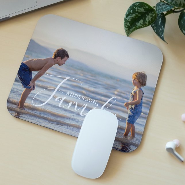 Simple Modern Photo Template Custom Family Name Mouse Mat (Creator Uploaded)