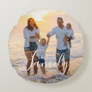 Simple Modern Photo Template Custom Family Name Round Cushion