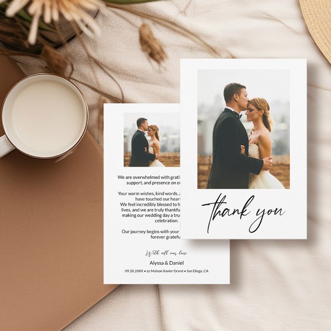 Simple Modern Photos Wedding Thank you Card (Simple, handlettering thank you script wedding photo cards with personal message.)
