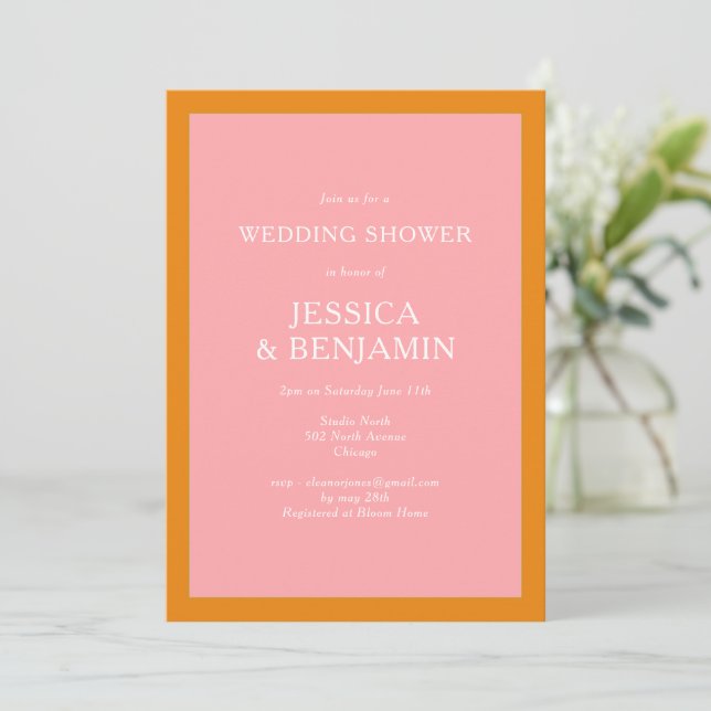 Simple Modern Pink and Orange Bridal Shower Invitation (Standing Front)
