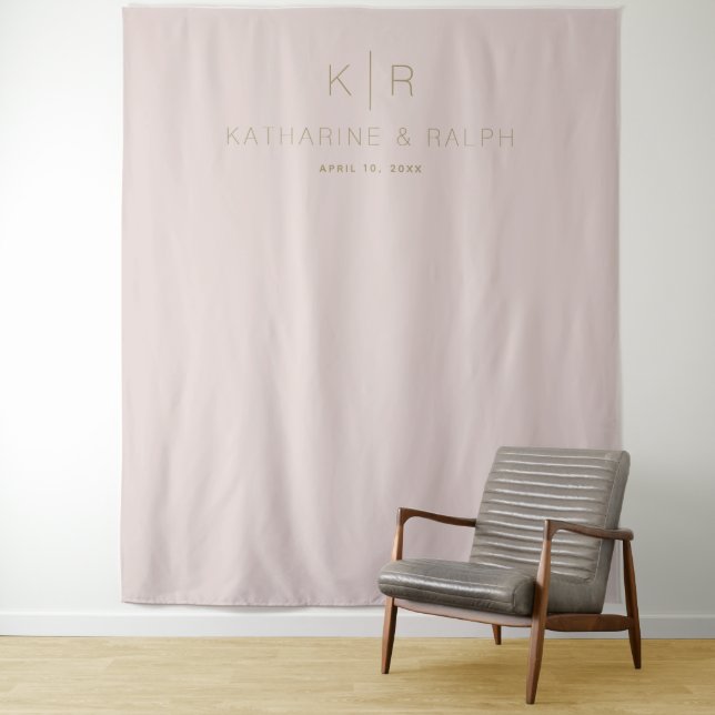 Simple Modern Pink Beige Monogram Wedding Backdrop Tapestry (In Situ)