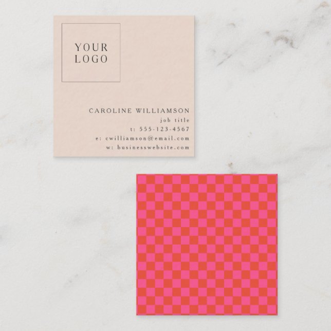 Simple Modern Pink Chequerboard Your Logo Custom Square Business Card (Front/Back)