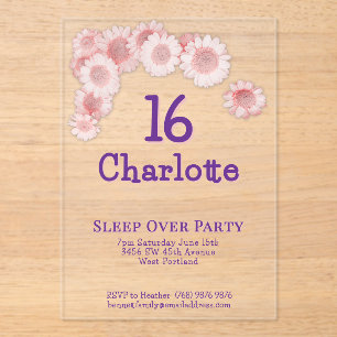 Simple Modern Pink Daisy 16th Birthday Party Acrylic Invitations
