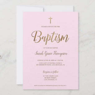 Simple Modern Pink Gold Cross baby Girl Baptism  Invitation