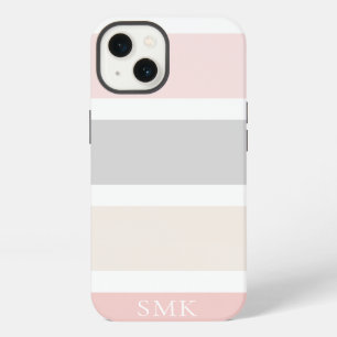 Simple Modern Pink Grey Cream Stripes Monogram iPhone 13 Case