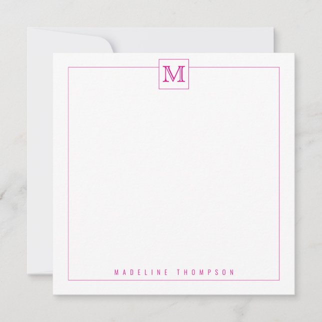 Simple Modern Pink Initial Monogram Square border Card (Front)