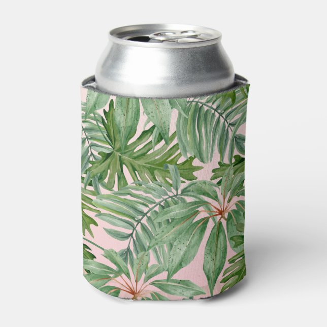 Simple Modern Pink Palm Leaf Tropical Floral  Can Cooler (Can Front)