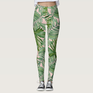 Simple Modern Pink Palm Leaf Tropical Floral Leggings