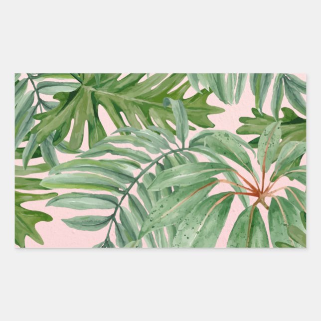 Simple Modern Pink Palm Leaf Tropical Floral  Rectangular Sticker (Front)