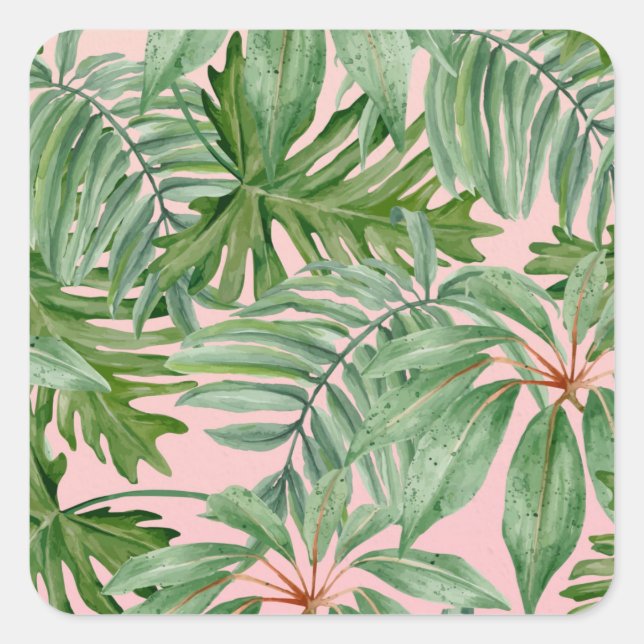 Simple Modern Pink Palm Leaf Tropical Floral  Square Sticker (Front)