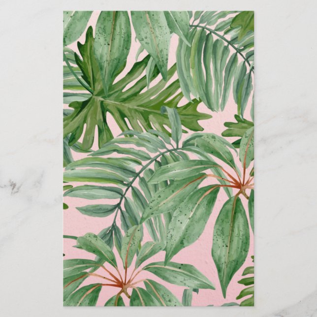 Simple Modern Pink Palm Leaf Tropical Floral  Stationery (Front)