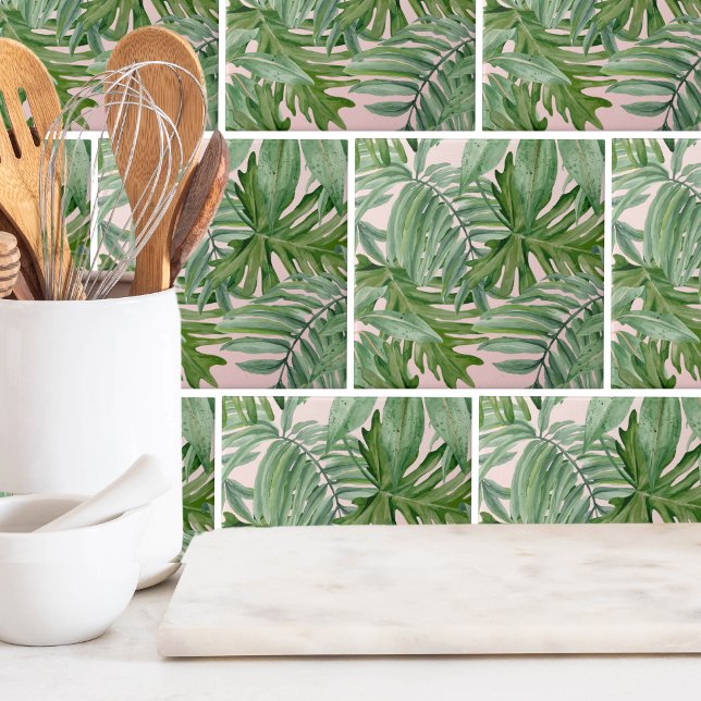 Simple Modern Pink Palm Leaf Tropical Floral  Tile (Trendy Tropical Pink Paradise Palm Leaves Pattern Ceramic Tile)