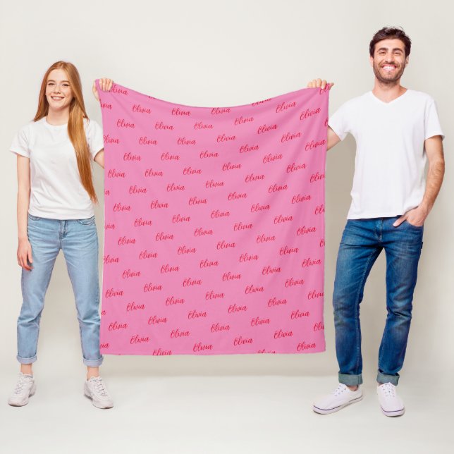 Simple Modern Pink Red Script Repeating Name Fleece Blanket (In Situ)