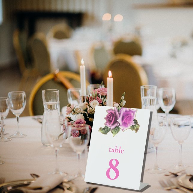 Simple Modern Pink Rose Wedding Table Number Pedestal Sign (Creator Uploaded)