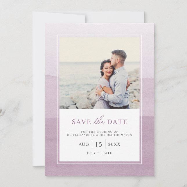Simple Modern Plum Watercolor Photo Save The Date (Front)