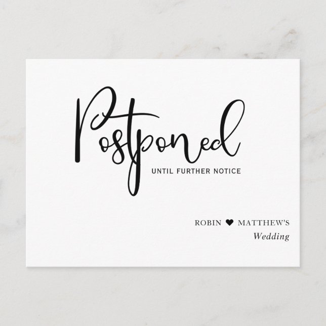 Simple, Modern, Postponement Wedding Announcement Postcard (Front)