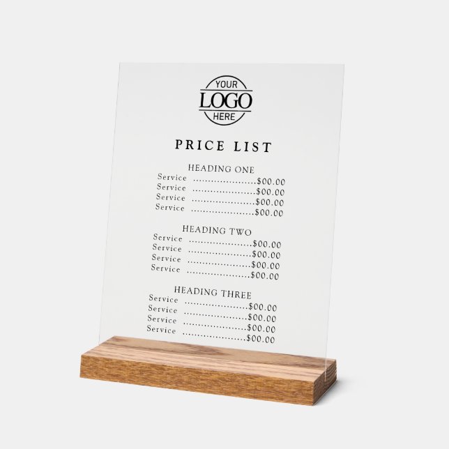 Simple Modern Professional Logo Menu Price List Acrylic Sign (Angle)