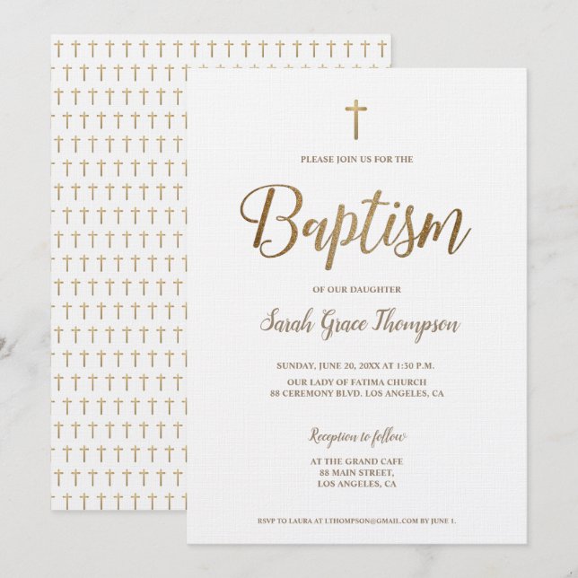 Simple Modern Pure White Gold Cross Girl Baptism Invitation (Front/Back)
