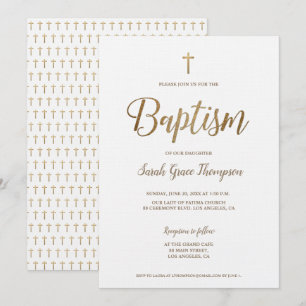 Simple Modern Pure White Gold Cross Girl Baptism Invitation
