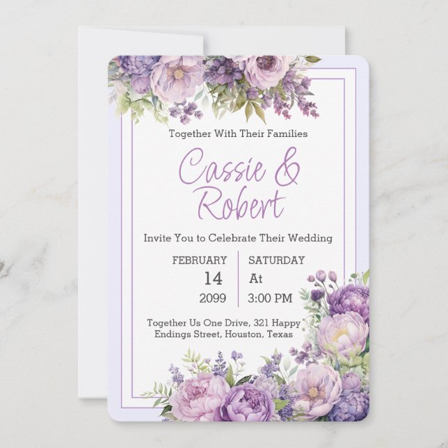Simple Modern Purple Floral Wedding Invitation (Front)