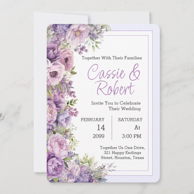 Simple Modern Purple Floral Wedding Invitation (Front)