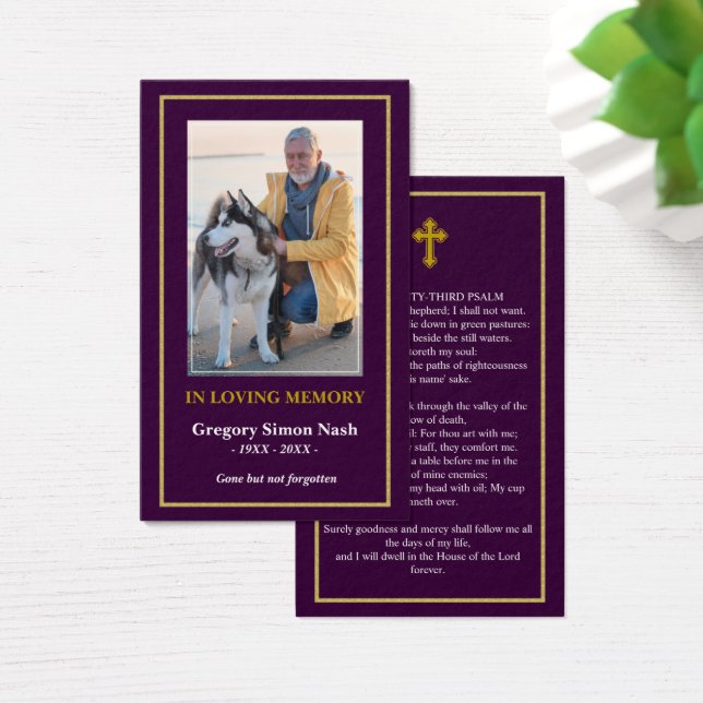 Simple Modern Purple Gold Photo Funeral Card (Desk)