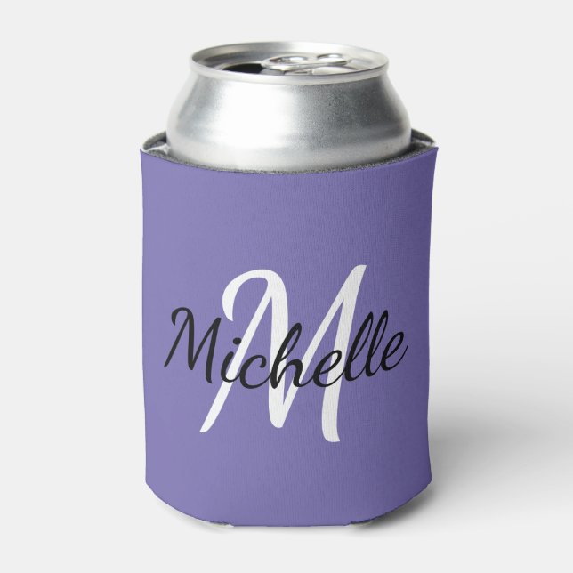 Simple Modern Purple Monogram Name + Initial Can Cooler (Can Front)