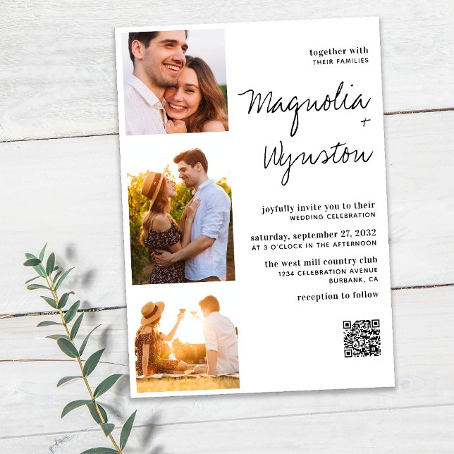 Simple Modern QR Code 3 Photo Wedding Invitation (Creator Uploaded)